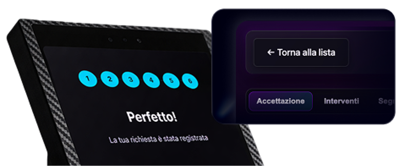 Totem di accettazione Ariaa con schermata di conferma richiesta registrata, affiancato dal pannello amministrativo con dettaglio commessa